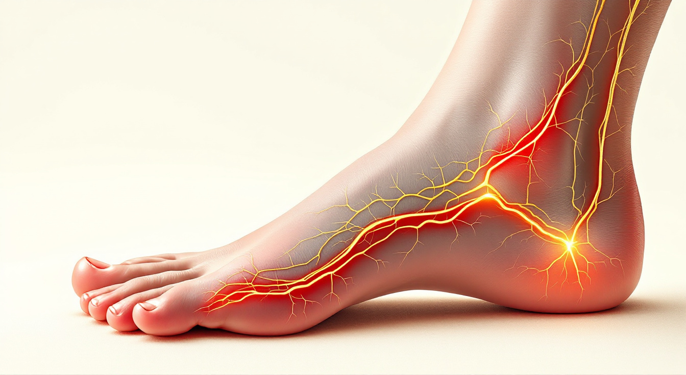 Illustration of two sets of nerve pathways in a foot, one active and one faded