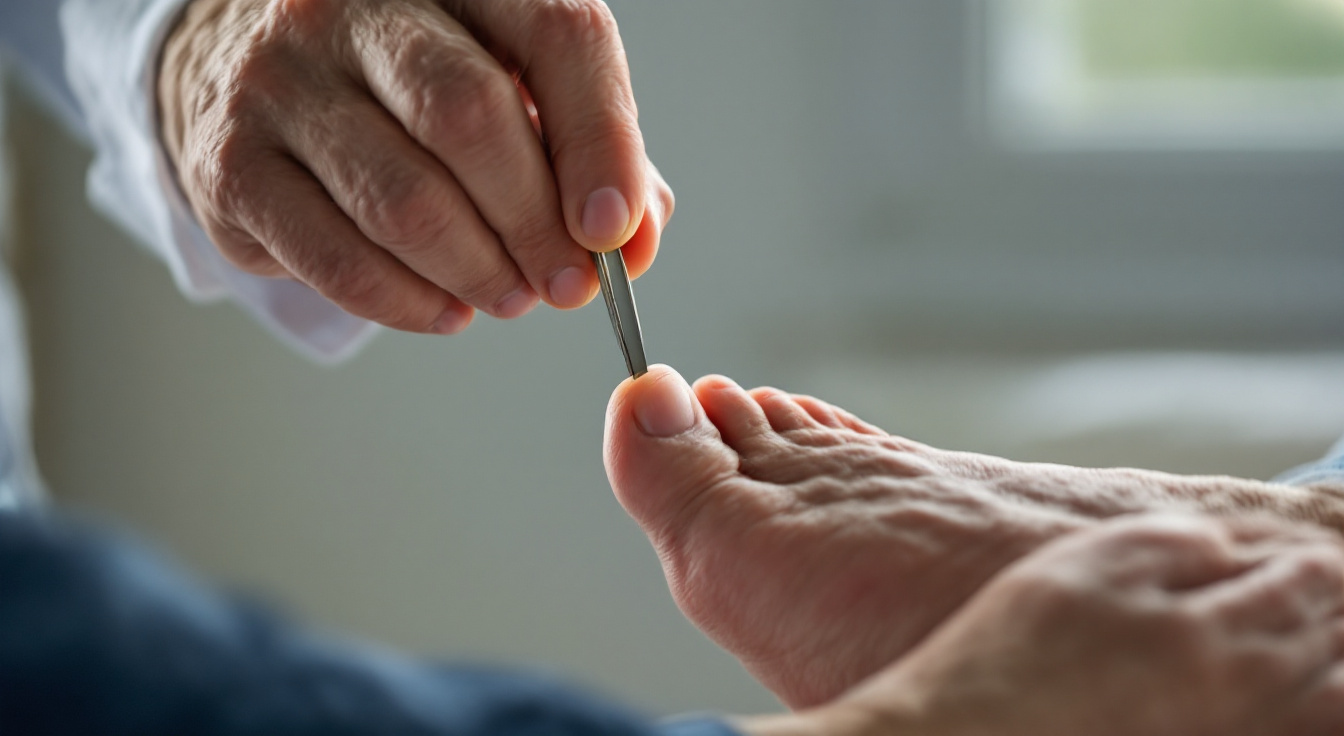A clinician holding a tuning fork against a bare foot to test nerve sensation