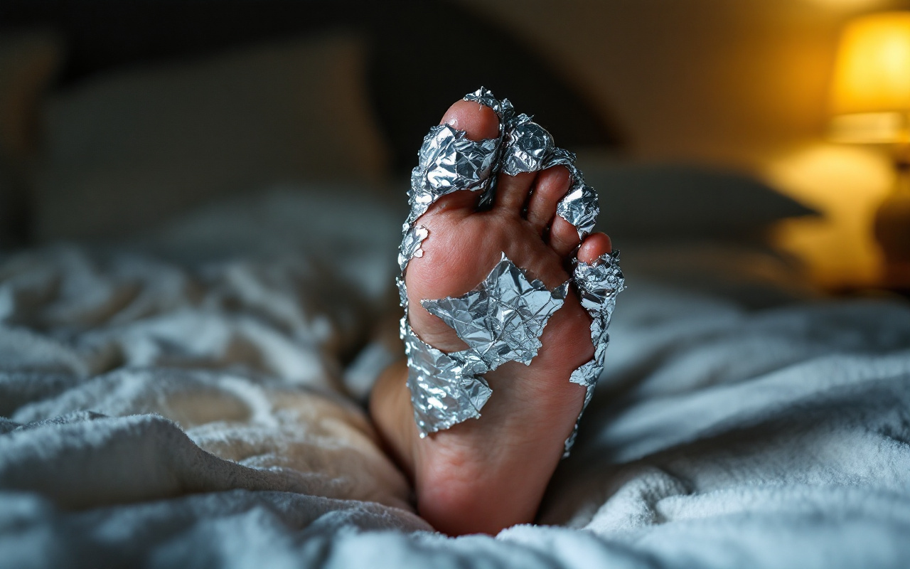 A foot resting on a towel beside a bed at night