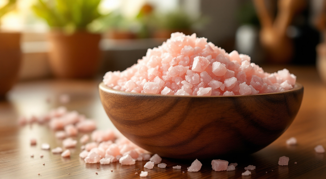 A wooden bowl of coarse mineral salt on a kitchen counter
