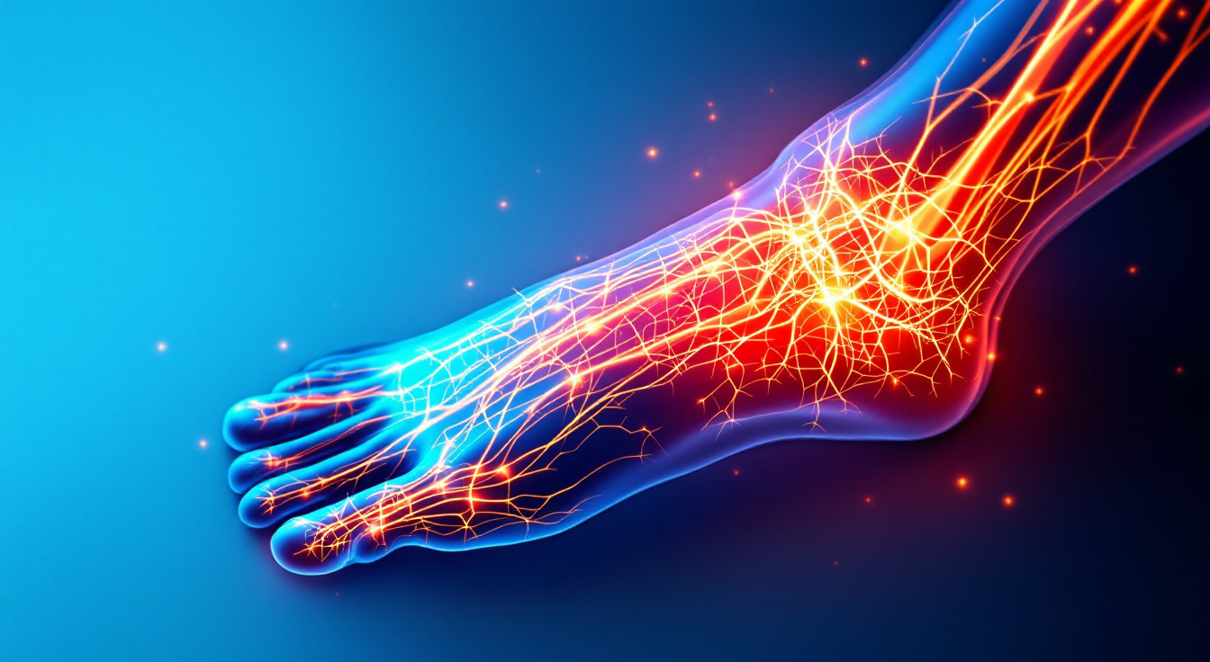 Illustration of glowing nerve pathways in a foot