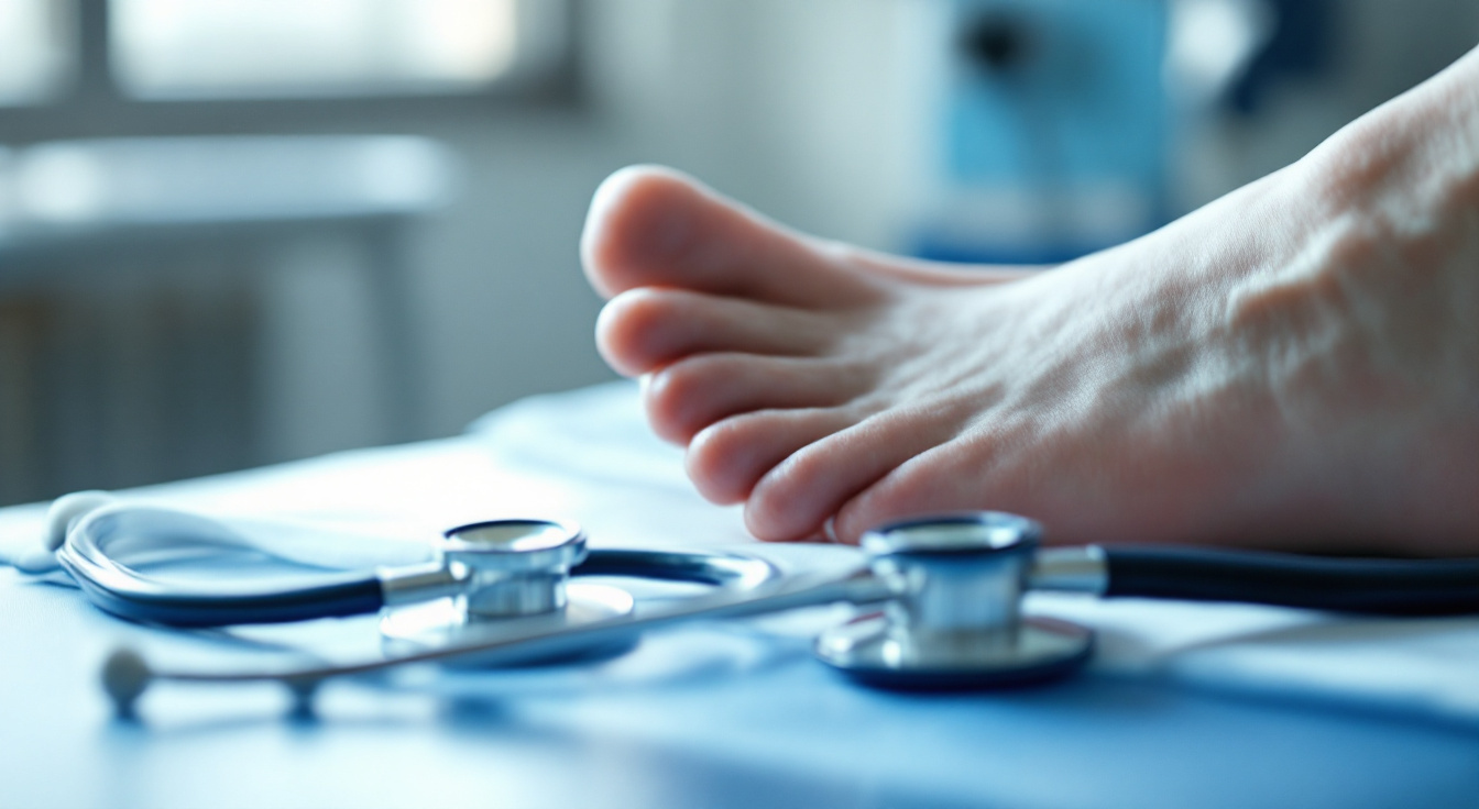 A stethoscope resting beside a bare foot on an exam table