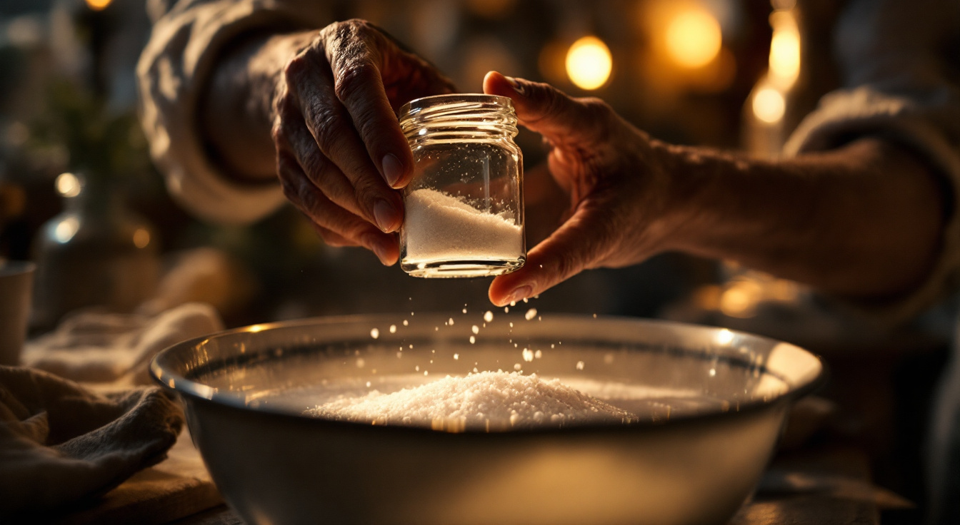A hand holding a jar of mineral salt over a basin of water at night