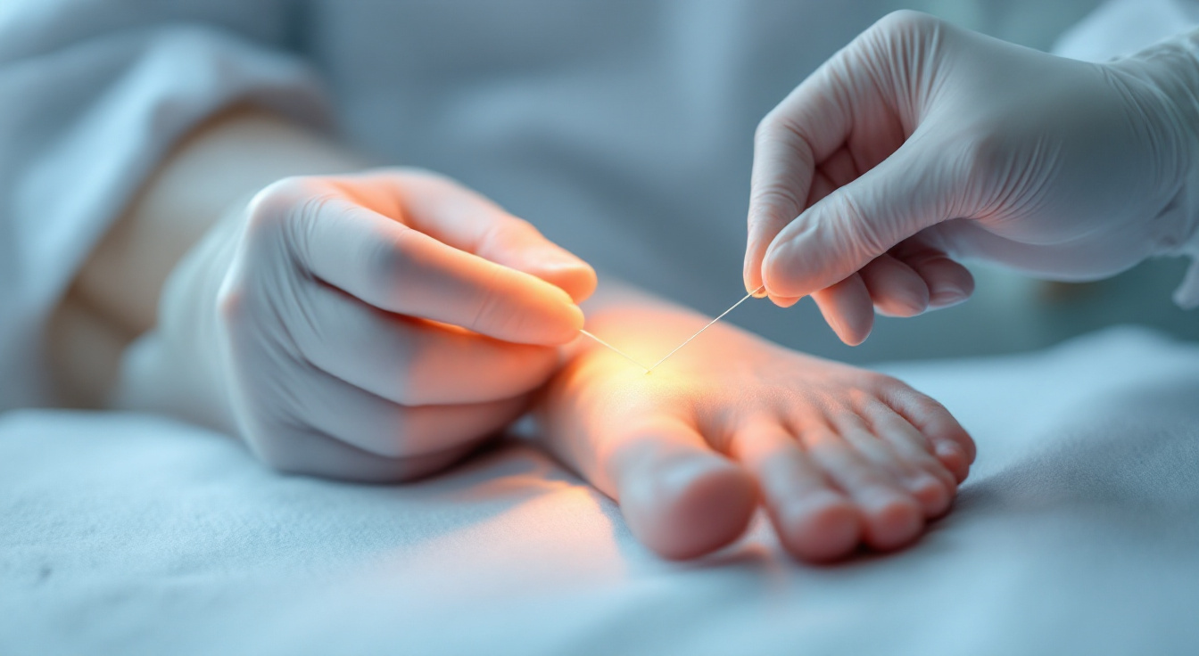 A clinician testing nerve sensation on a bare foot