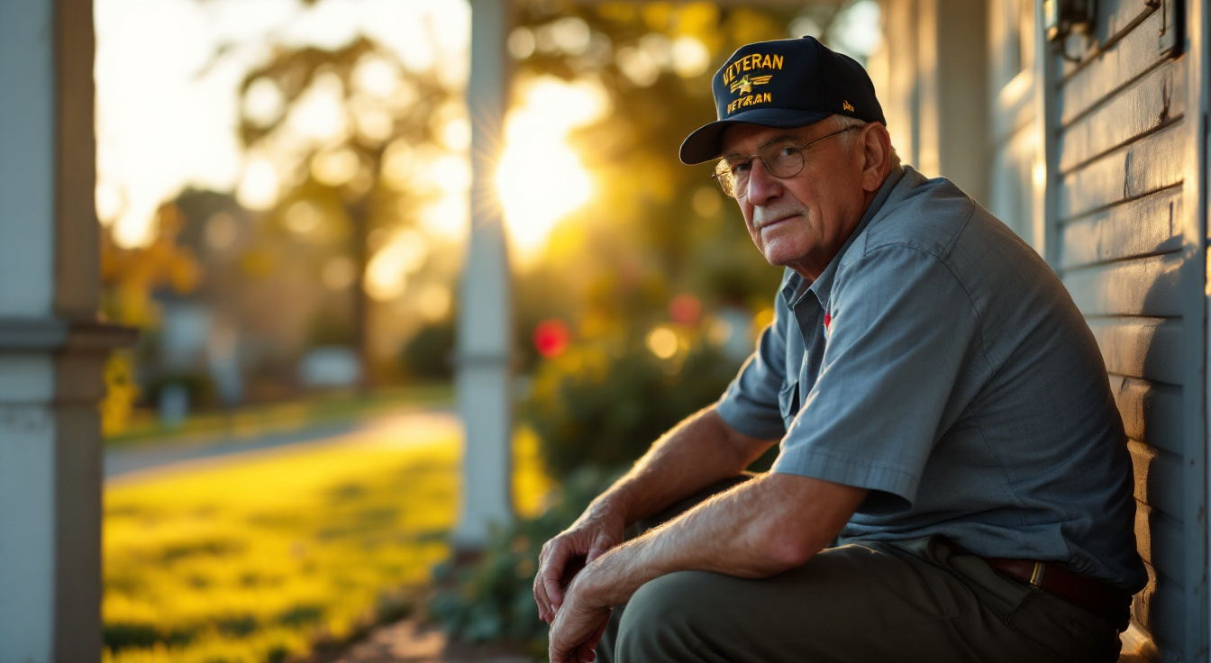 An older veteran sitting on a porch step